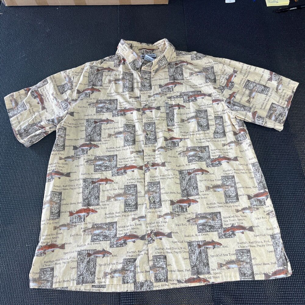 COLUMBIA RIVER LODGE SPORTWEAR MEN SHORT SLEEVE SHIRT BUTTON DOWN BEIGE FISH‎ L